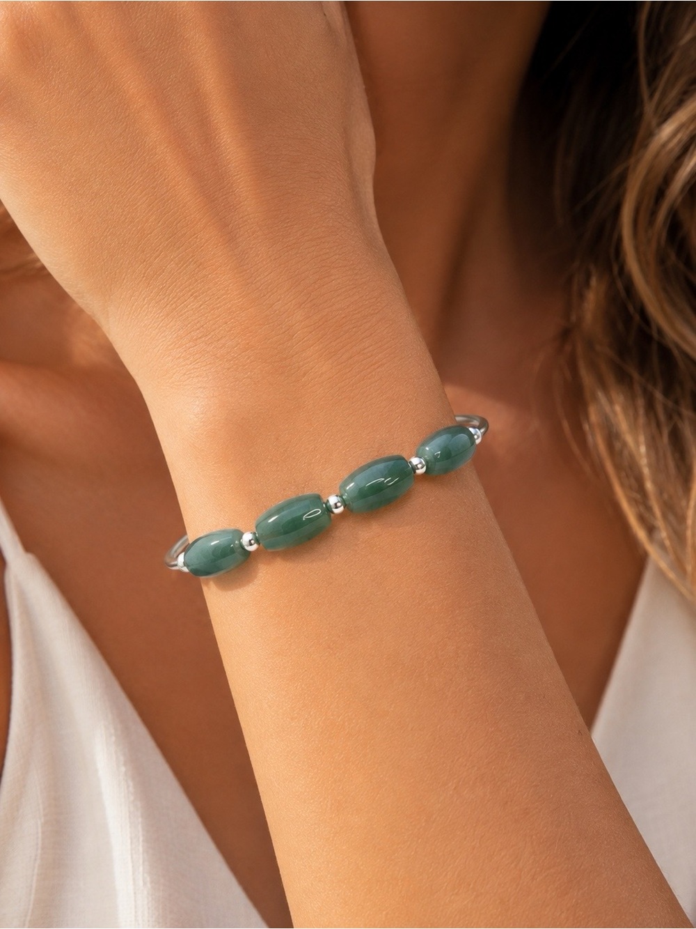 Natural Green Jade Bracelet | 925 Sterling Silver | Elegant Adjustable